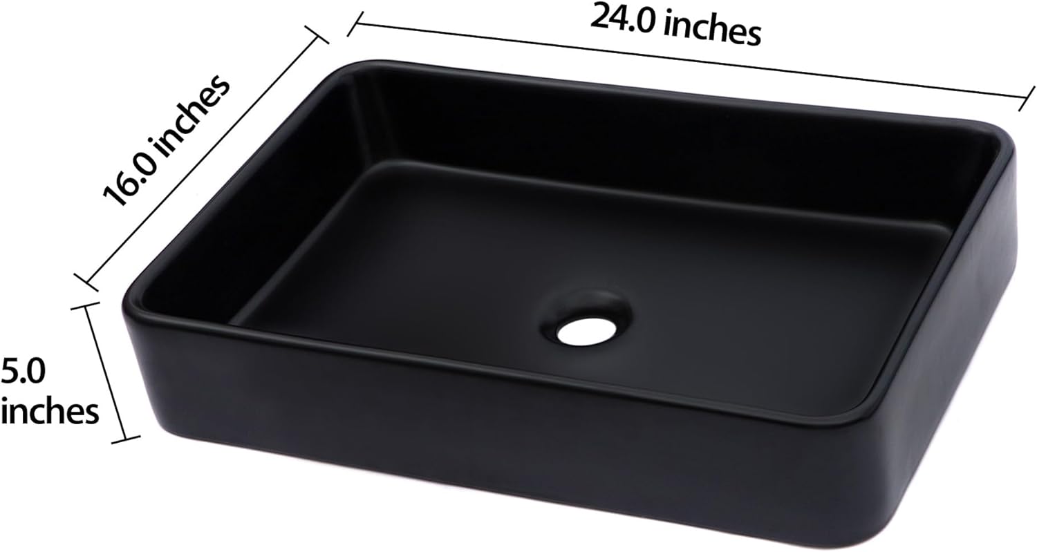 Rectangle Bathroom Vessel Sink - Lordear 24x16in  Black Rectangle Bathroom Sink Modern Above Counter Porcelain Ceramic Vessel Vanity Sink Art Basin | Bathroom Sink | Lordear