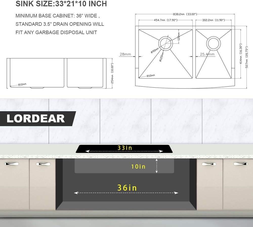 Lordear 33-Inch Farmhouse Sink Stainless Steel Double Bowl 60/40 Apron Front 16 Gauge Stainless Steel Farm Style Kitchen Sink | Kitchen Apron Front Sink, Kitchen Farmhouse Sink | Lordear