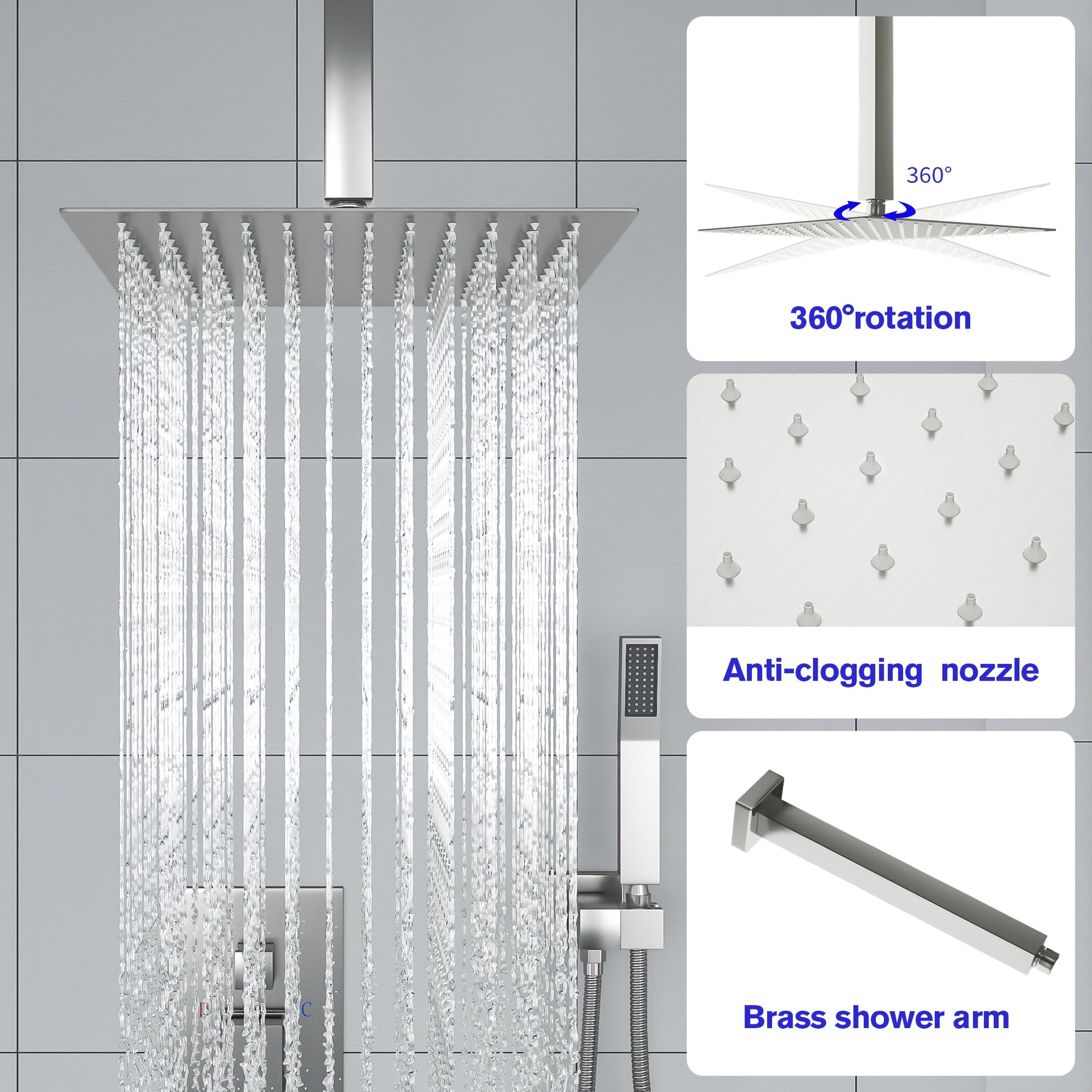 16 Inch Rainfall Shower System Head with Handheld Shower and Waterfall Faucet Ceiling Mounted | 16 Inch Shower System, Complete Shower System, Handheld Shower, over Bath Shower System, Rain Shower Head, Rain Shower Mixer Set, Rainfall Shower, Rainfall Shower Head, Rainfall Shower System, Shower, Shower Faucets & Systems, Shower Head, Shower Heads, Shower Room, Shower System, shower time, Square Shower Head | Lordear