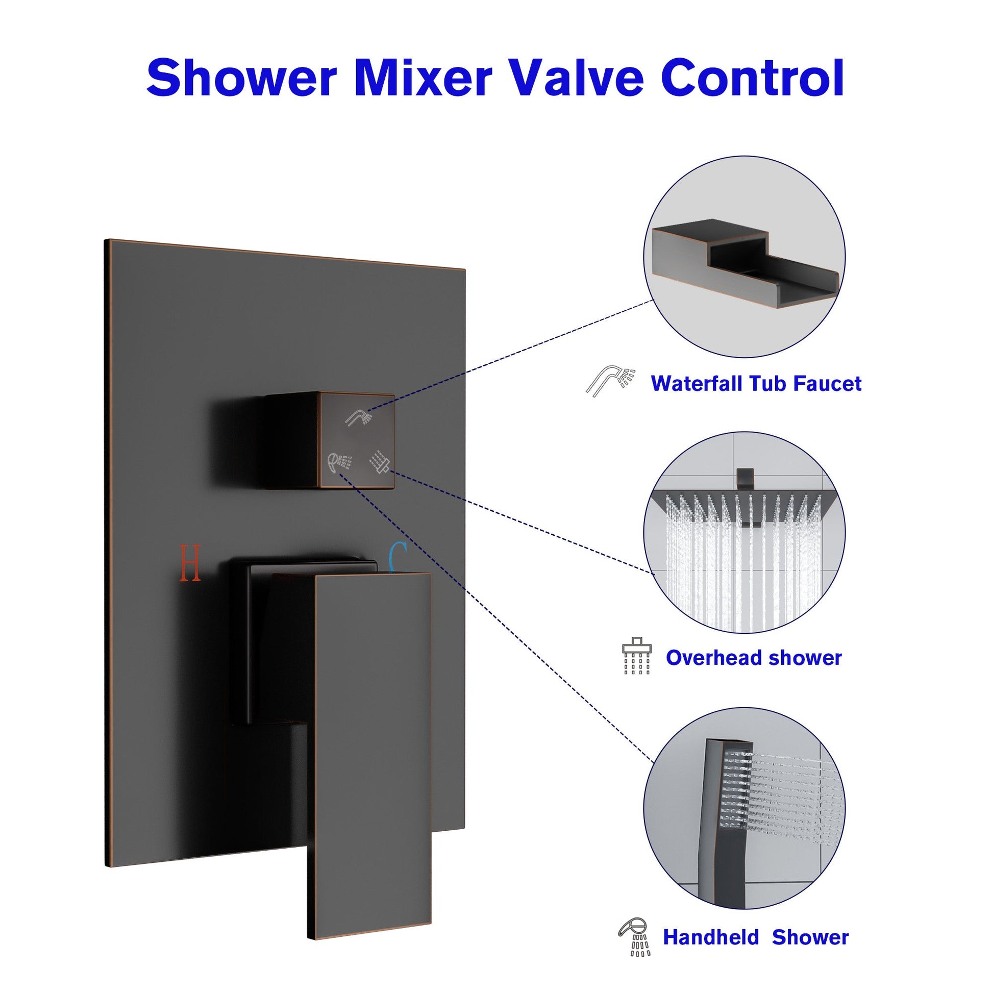 10 Inch Rainfall Square Shower Head System with Shower and Waterfall Faucet Wall Mounted in ORB | 10 Inch Shower System, Bath, Bathroom, Bathroom Faucet, computer monitor accessory, electronic device, Faucet, Handheld Shower, output device, product, Rainfall Shower System, Shower, Shower Faucets & Systems, Shower Head, Shower System | Lordear