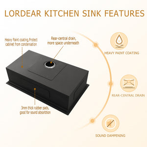 Lordear 23in Kitchen Sink Stainless Steel Brushed Single Bowl Undermount Workstation with Drainer | Kitchen Undermount Sink | Lordear
