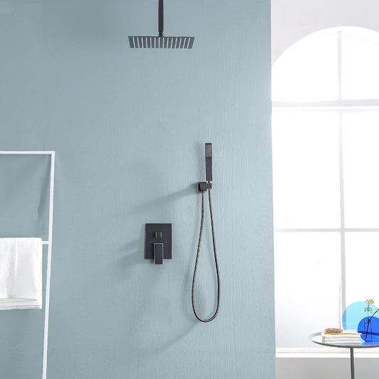 Lordear High Pressure Shower System 10 Inch Shower Faucet Set Ceiling Mounted Matte Black Finish Stainless Steel Shower Head and Handheld, Brass Main Body Shower Valve Included  from Lordear