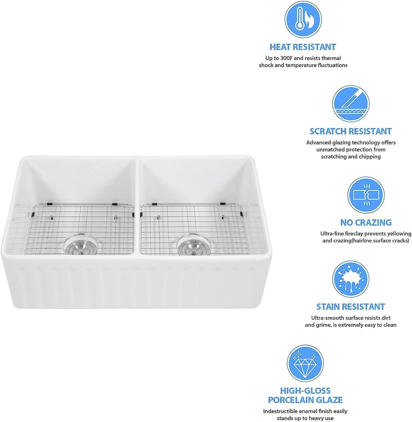 Lordear 33x20 Inch Farmhouse Sinks Double Basin Pure White Fireclay Porcelain Ceramic Apron Front Farm Sink 33 Inch 50/50 Double Kitchen Sink | Kitchen Apron Front Sink, Kitchen Farmhouse Sink | Lordear