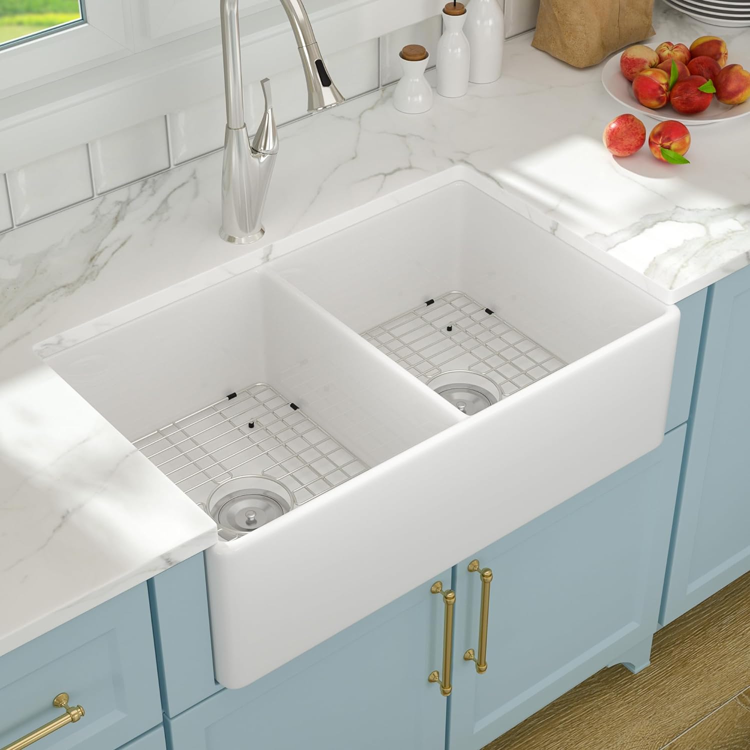 Lordear 33x20 Inch Farmhouse Sinks Double Basin Pure White Fireclay Porcelain Ceramic Apron Front Farm Sink 33 Inch 50/50 Double Kitchen Sink | Kitchen Apron Front Sink, Kitchen Farmhouse Sink | Lordear
