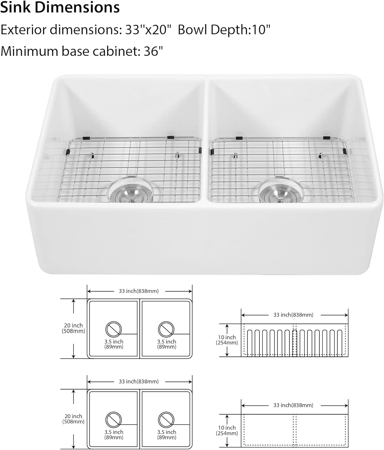 Lordear 33x20 Inch Farmhouse Sinks Double Basin Pure White Fireclay Porcelain Ceramic Apron Front Farm Sink 33 Inch 50/50 Double Kitchen Sink | Kitchen Apron Front Sink, Kitchen Farmhouse Sink | Lordear