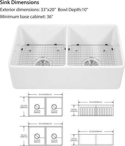 Lordear 33x20 Inch Farmhouse Sinks Double Basin Pure White Fireclay Porcelain Ceramic Apron Front Farm Sink 33 Inch 50/50 Double Kitchen Sink | Kitchen Apron Front Sink, Kitchen Farmhouse Sink | Lordear