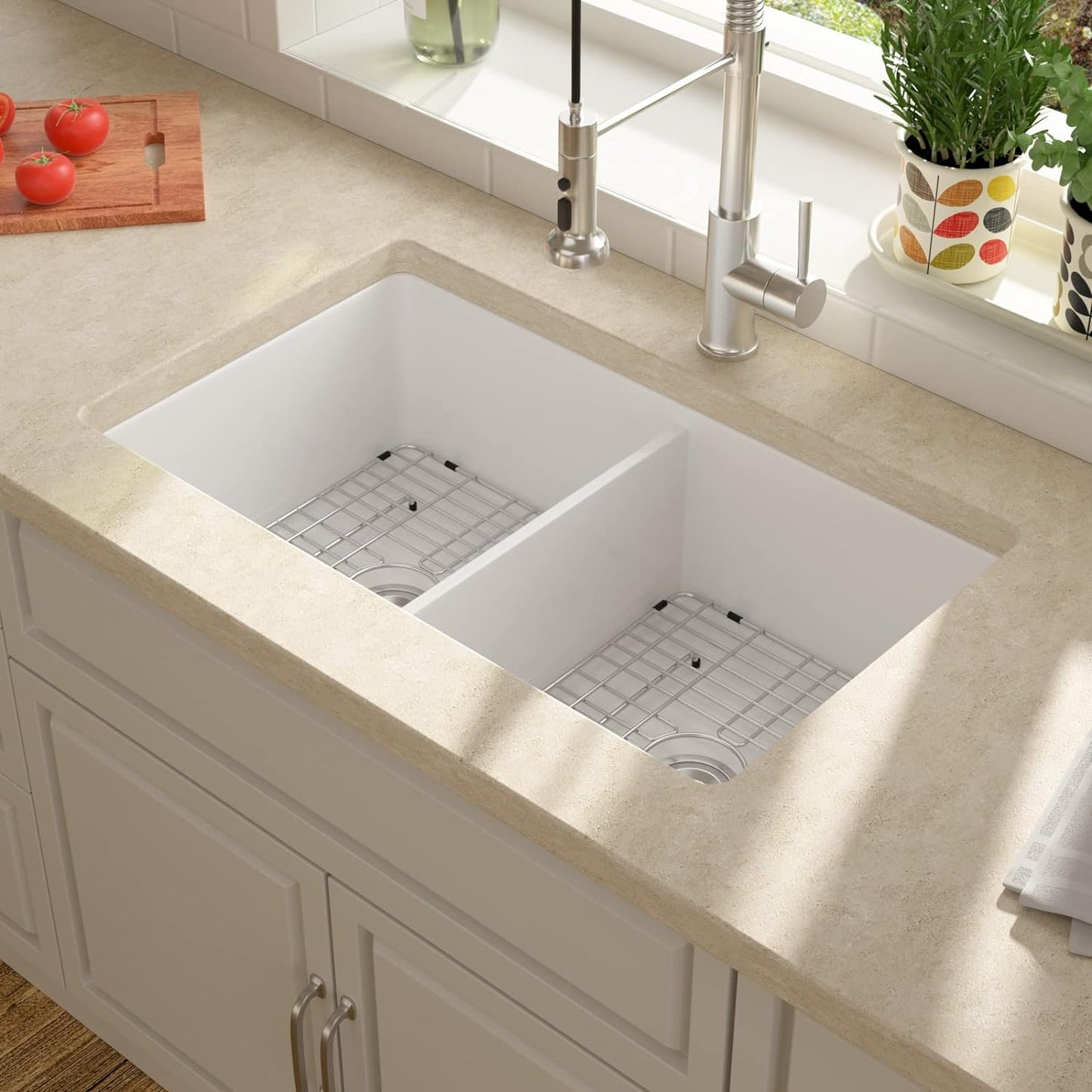 Lordear White Double Bowl Undermount Kitchen Sink 32x19 Inch Two Basin Kitchen Sinks Pure White Fireclay Porcelain Ceramic Sink 32 Inch 50/50 | Big Deal, Kitchen Fireclay Sink | Lordear