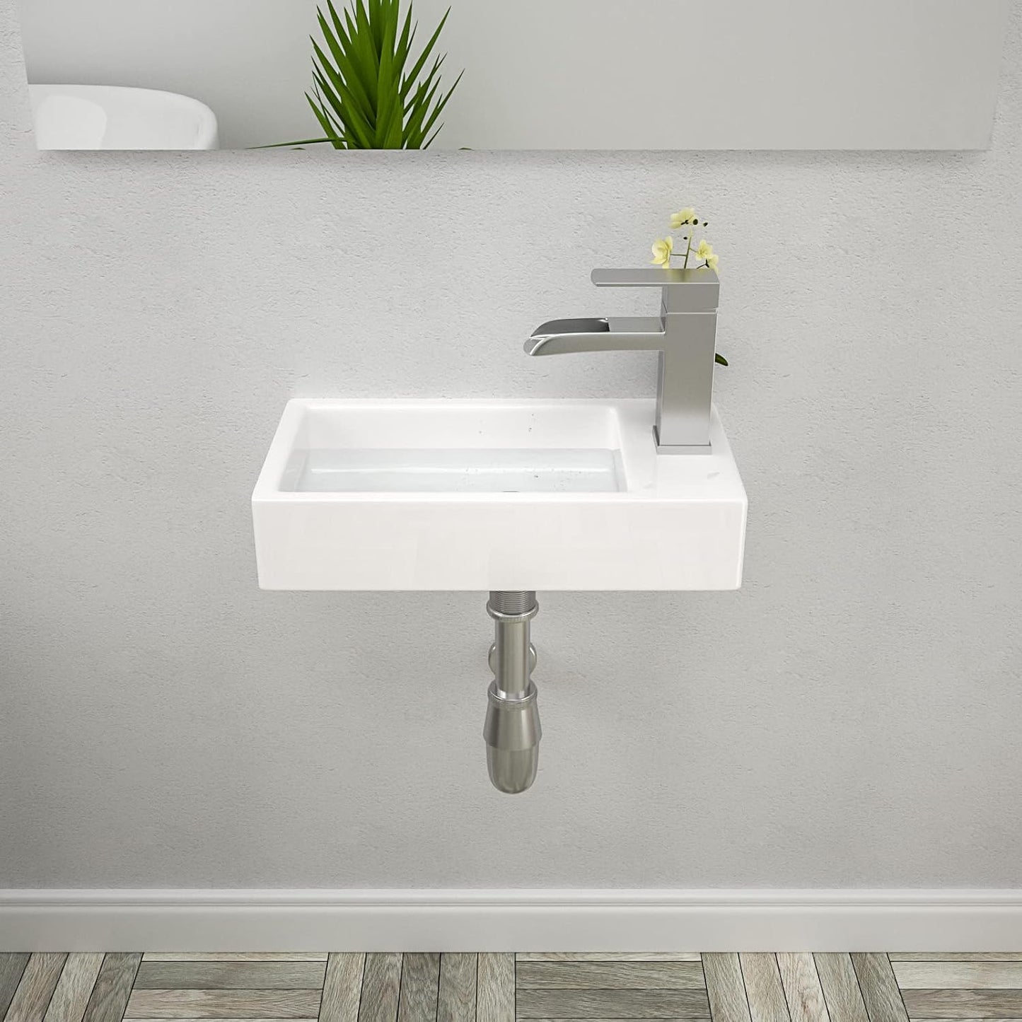 Lordear 18x10 Inch Rectangle Wall Mount Bathroom Sink with Single Faucet Hole White Porcelain Ceramic | Bathroom Sink | Lordear