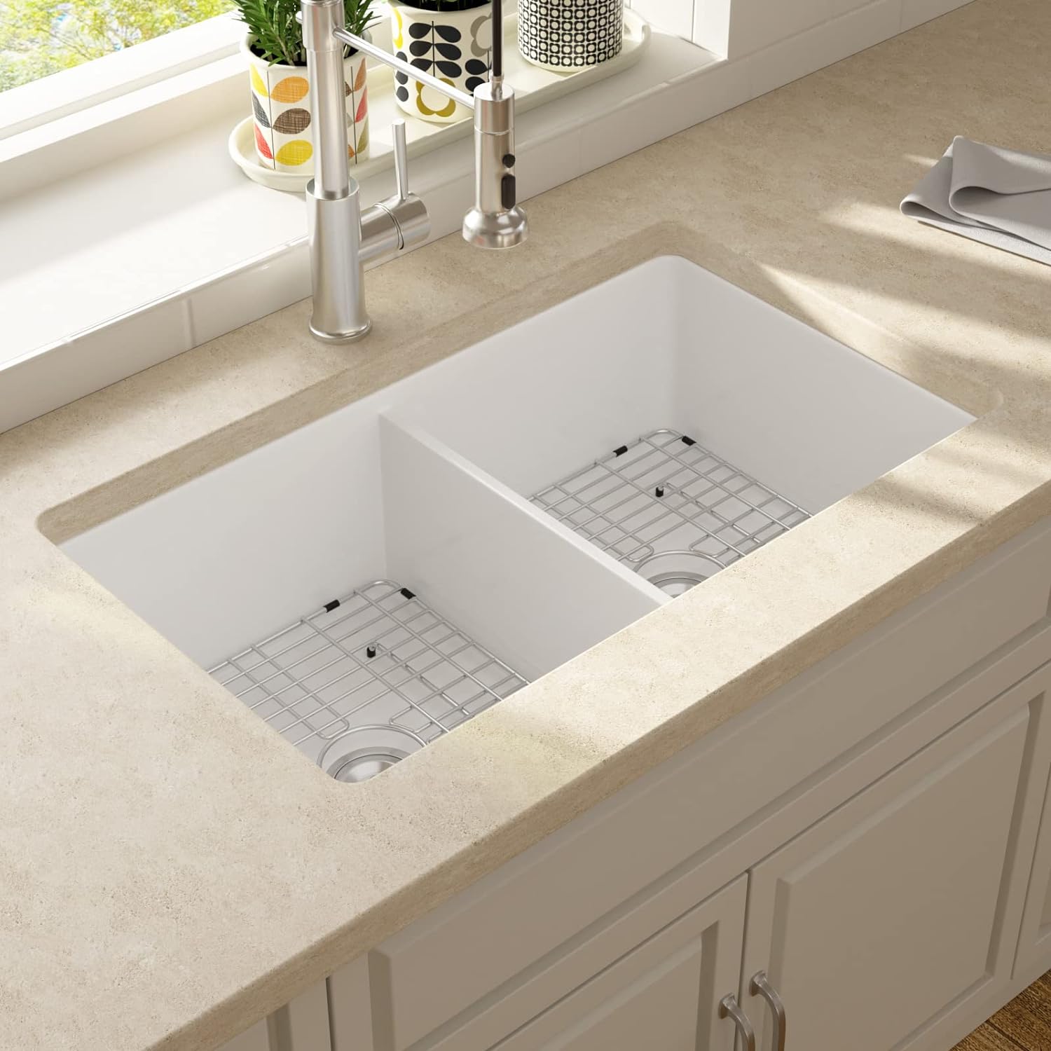 Lordear White Double Bowl Undermount Kitchen Sink 32x19 Inch Two Basin Kitchen Sinks Pure White Fireclay Porcelain Ceramic Sink 32 Inch 50/50 | Big Deal, Kitchen Fireclay Sink | Lordear