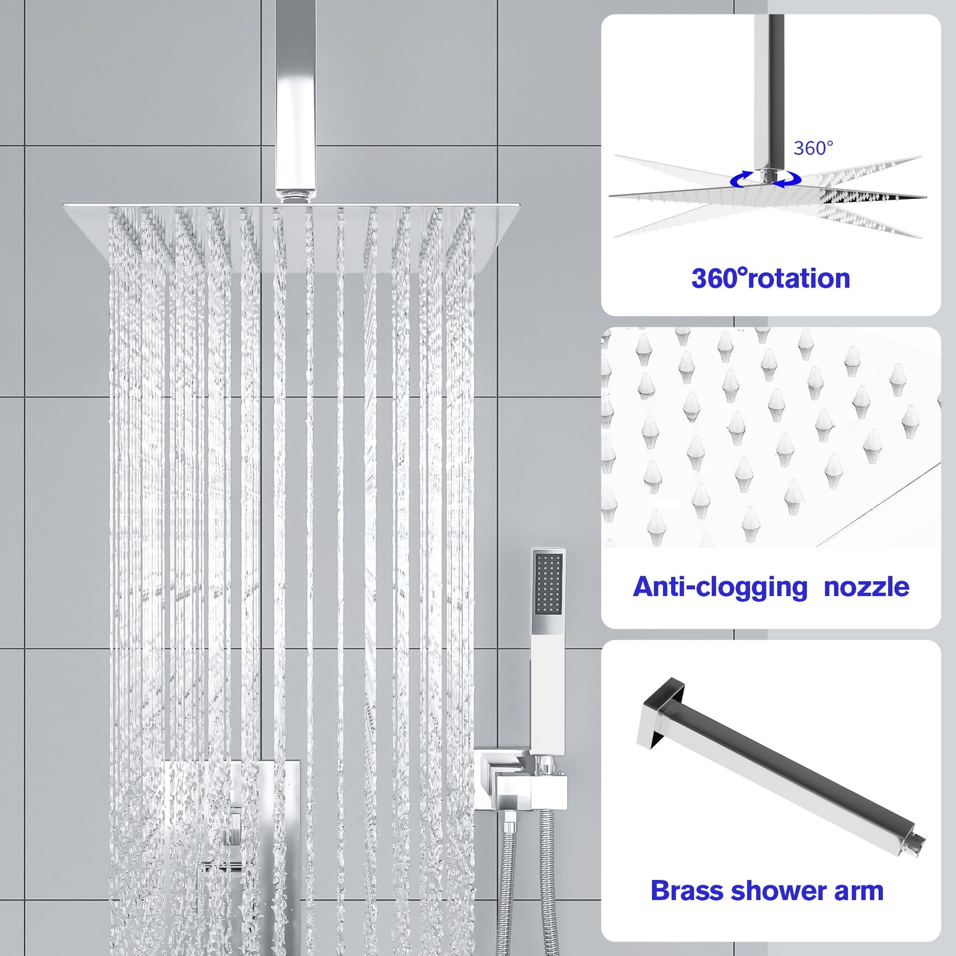 Lordear Rain Shower System with Pressure Balancing Valve Trim Kit Chrome Ceiling Mount | Shower Faucets & System | Lordear