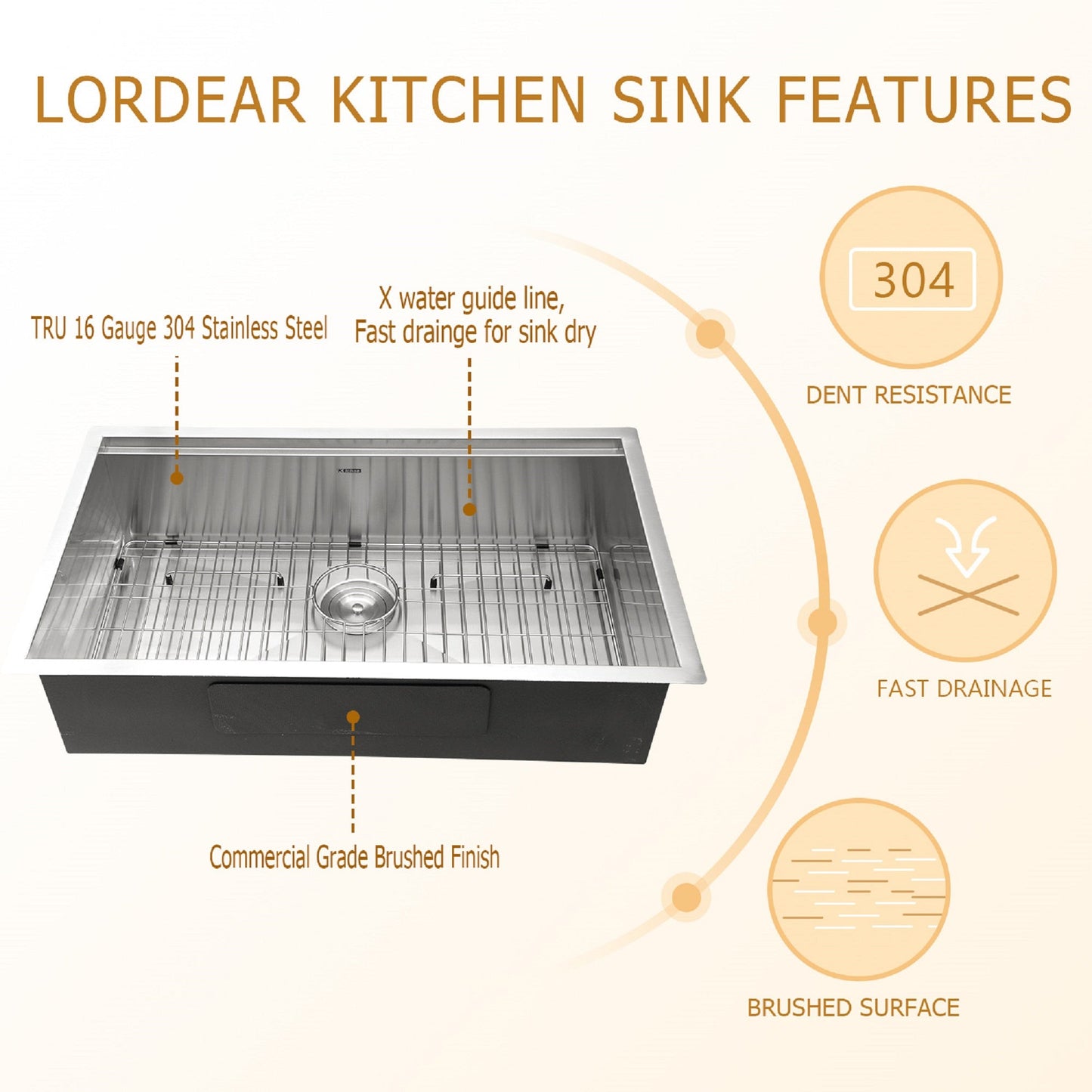 Lordear 23in Kitchen Sink Stainless Steel Brushed Single Bowl Undermount Workstation with Drainer | Kitchen Undermount Sink | Lordear