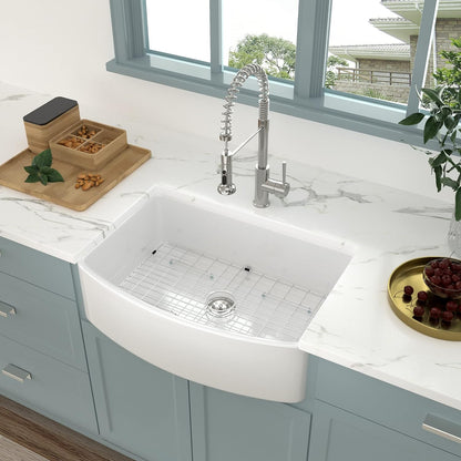 Lordear 33-Inch White Farmhouse Kitchen Sink with Curved Apron | Kitchen Apron Front Sink, Kitchen Farmhouse Sink | Lordear