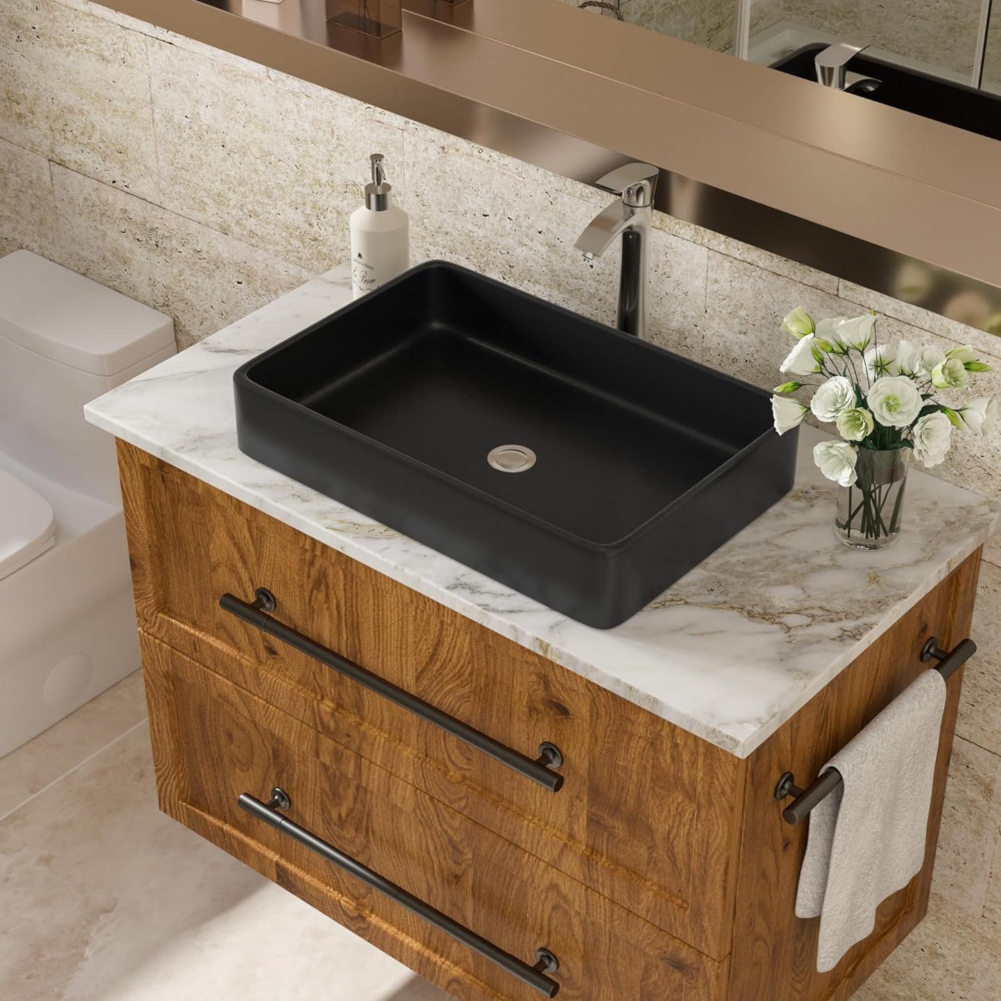 Rectangle Bathroom Vessel Sink - Lordear 24x16in  Black Rectangle Bathroom Sink Modern Above Counter Porcelain Ceramic Vessel Vanity Sink Art Basin | Bathroom Sink | Lordear