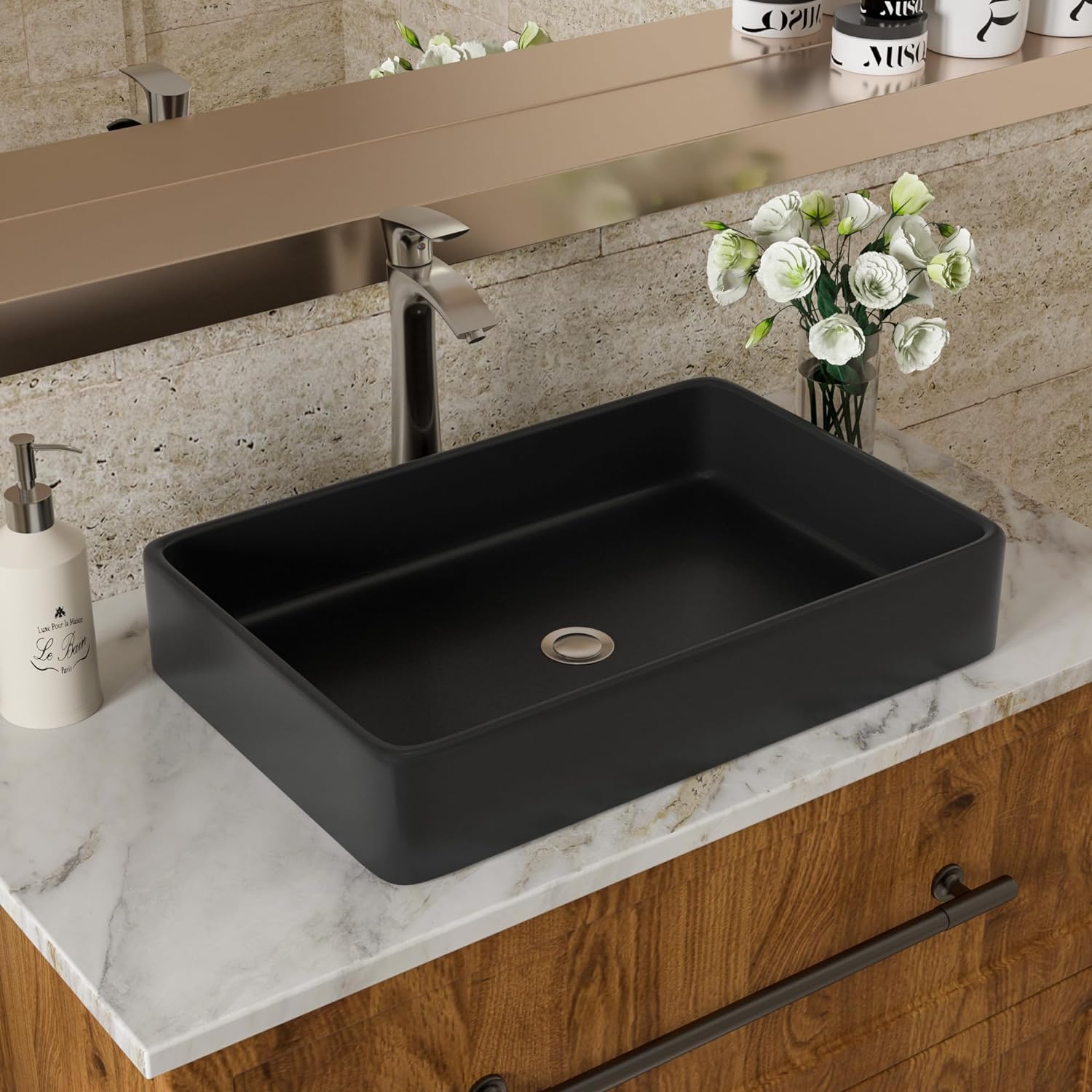 Rectangle Bathroom Vessel Sink - Lordear 24x16in  Black Rectangle Bathroom Sink Modern Above Counter Porcelain Ceramic Vessel Vanity Sink Art Basin | Bathroom Sink | Lordear