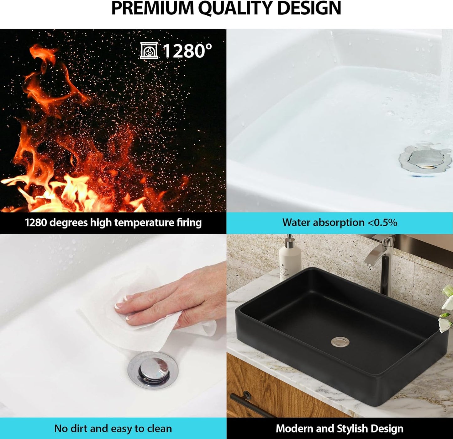 Rectangle Bathroom Vessel Sink - Lordear 24x16in  Black Rectangle Bathroom Sink Modern Above Counter Porcelain Ceramic Vessel Vanity Sink Art Basin | Bathroom Sink | Lordear