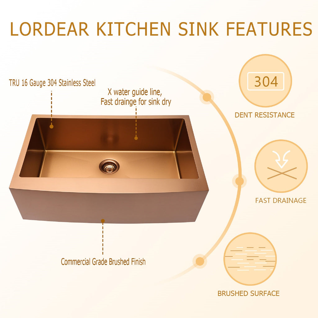 30in W x 21in D Farmhouse Kitchen Sink Rose Gold Single Bowl Apron Front from Lordear