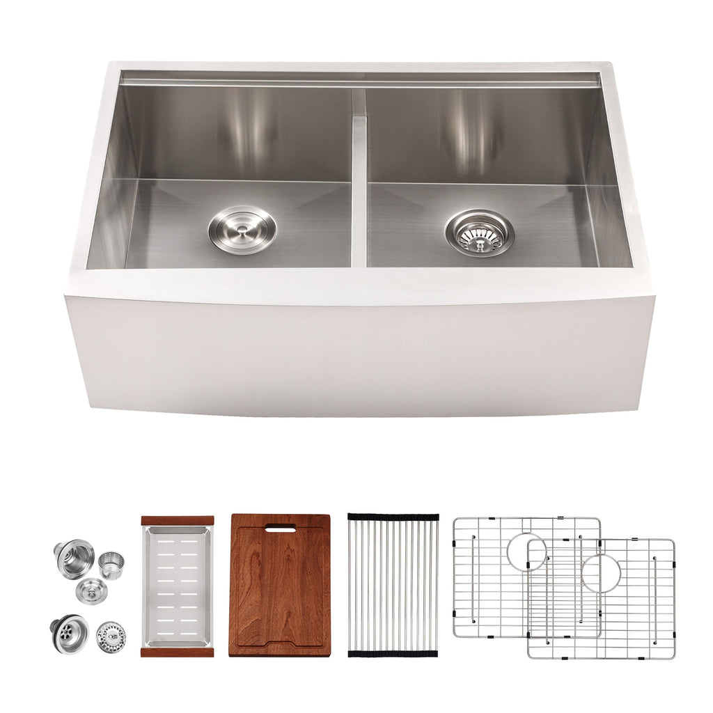 33in W x 22in D Stainless Steel Kitchen Sink Double Equal Bowl Workstation Sink Apron Front from Lordear