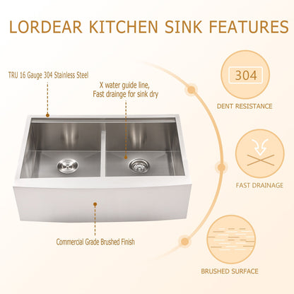 33in W x 22in D Stainless Steel Kitchen Sink Double Equal Bowl Workstation Sink Apron Front  from Lordear