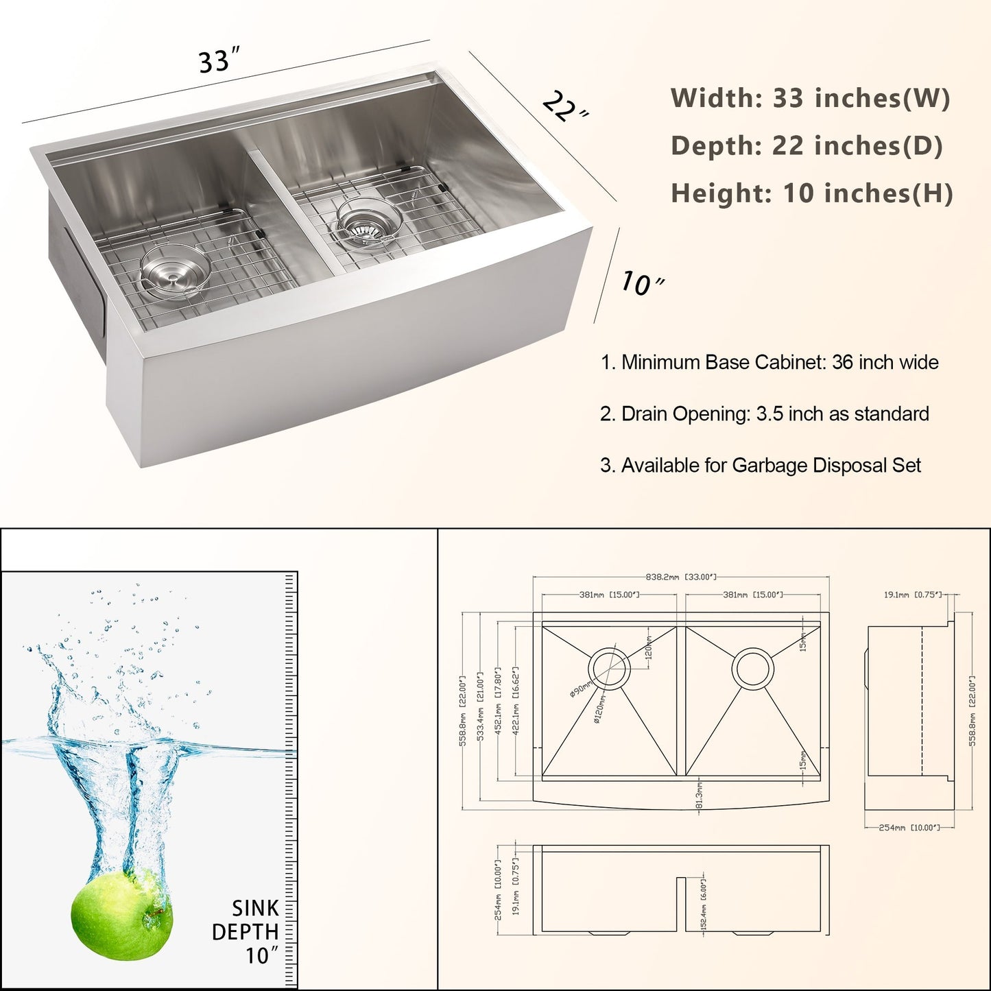 33in W x 22in D Stainless Steel Kitchen Sink Double Equal Bowl Workstation Sink Apron Front  from Lordear