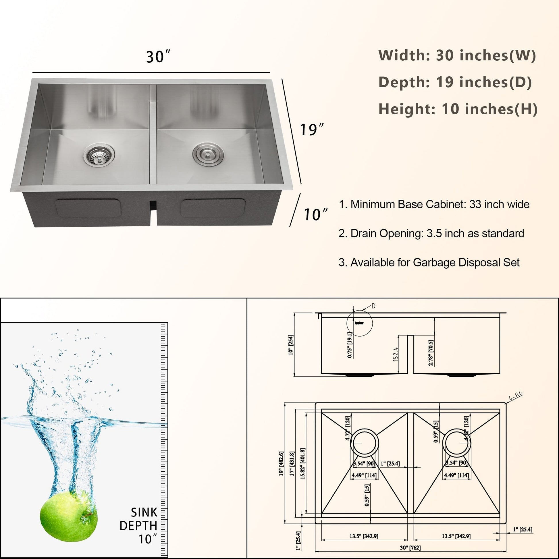 30/33in W x 19in D Stainless Steel Kitchen Sink Double Equal Bowl 50/50 Undermount  from Lordear