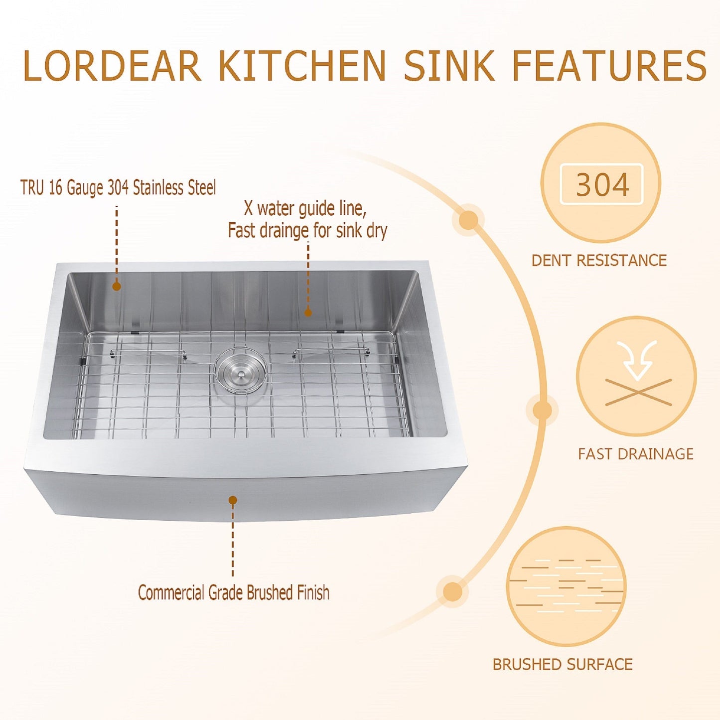 30in W x 21in D Farmhouse Kitchen Sink 16 Gauge Stainless Steel with Roll-up Rack Apron Front  from Lordear