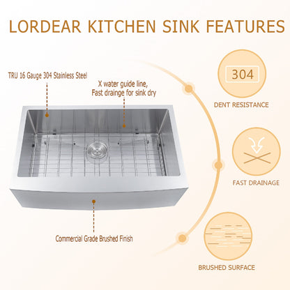 30in W x 21in D Farmhouse Kitchen Sink 16 Gauge Stainless Steel with Roll-up Rack Apron Front  from Lordear