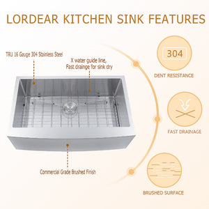 30in W x 21in D Farmhouse Kitchen Sink 16 Gauge Stainless Steel with Roll-up Rack Apron Front from Lordear