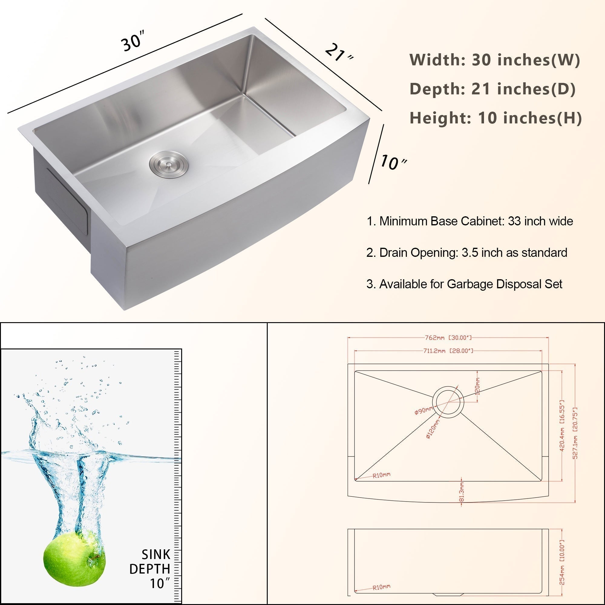 Lordear 30'' x 21'' Stainless Steel Single Bowl Apron Front Farmhouse Kitchen Sink  from Lordear
