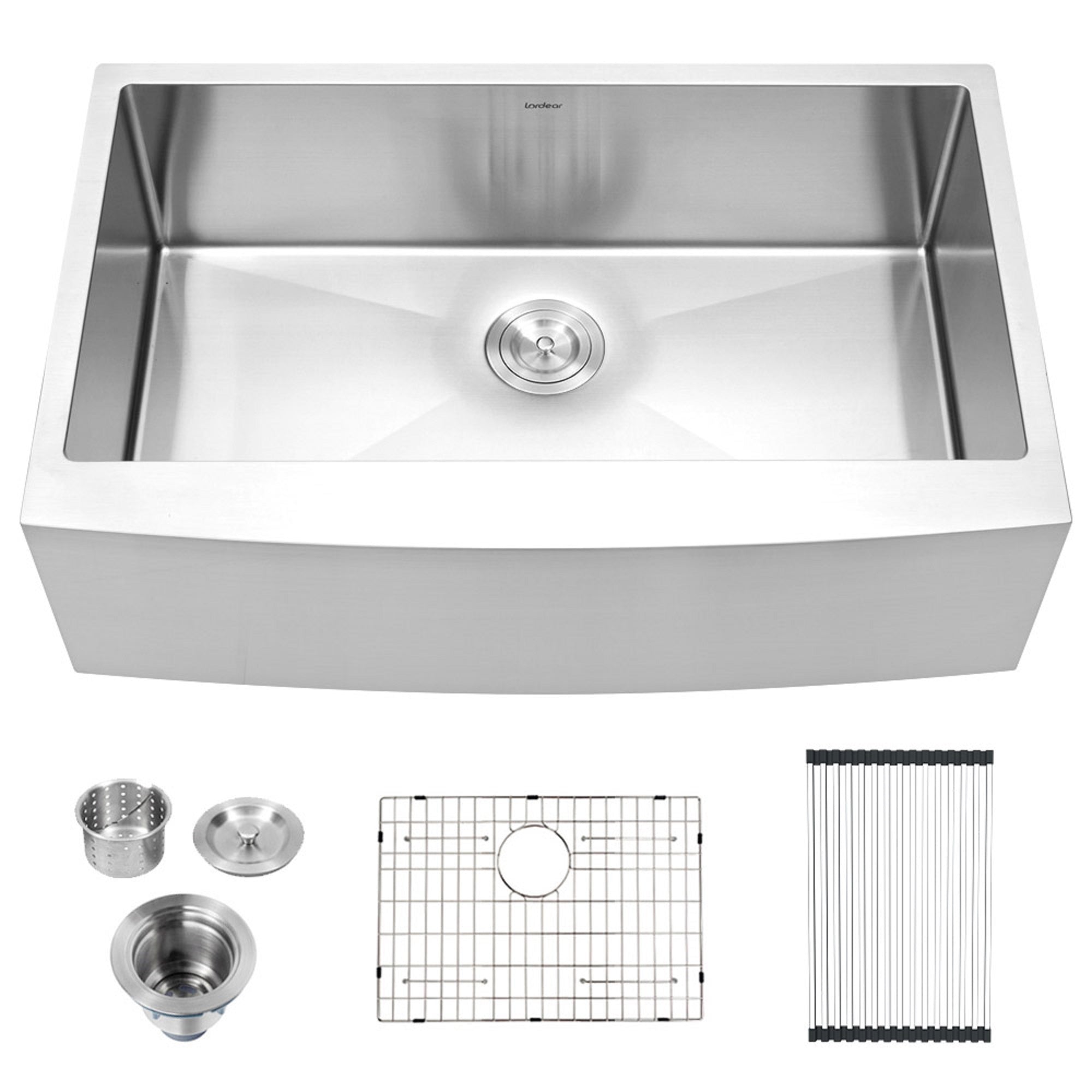 30in W x 21in D Farmhouse Kitchen Sink 16 Gauge Stainless Steel with Roll-up Rack Apron Front from Lordear
