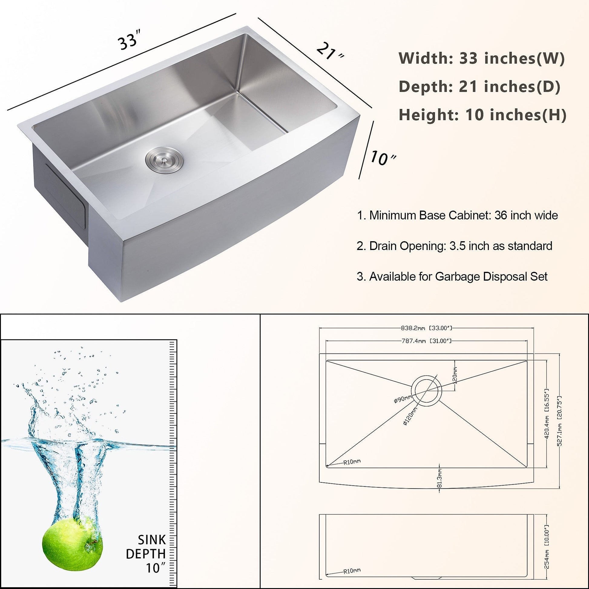 33in W x 21in D Farmhouse Kitchen Sink Stainless Steel Single Bowl Apron Front  from Lordear