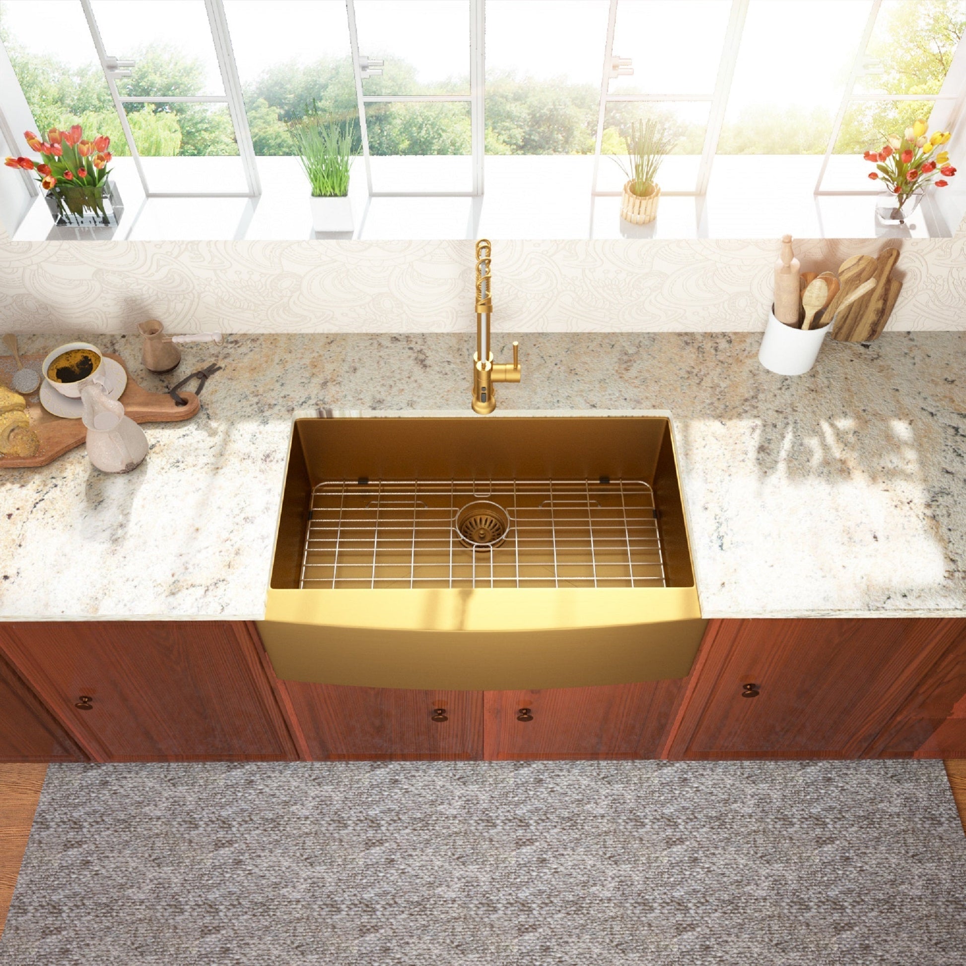 33in W x 21in D Farmhouse Kitchen Sink Gold Stainless Steel with Sink Grid and Drain Assembly Apron Front  from Lordear