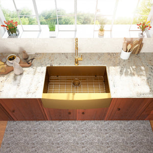 33in W x 21in D Farmhouse Kitchen Sink Gold Stainless Steel with Sink Grid and Drain Assembly Apron Front from Lordear