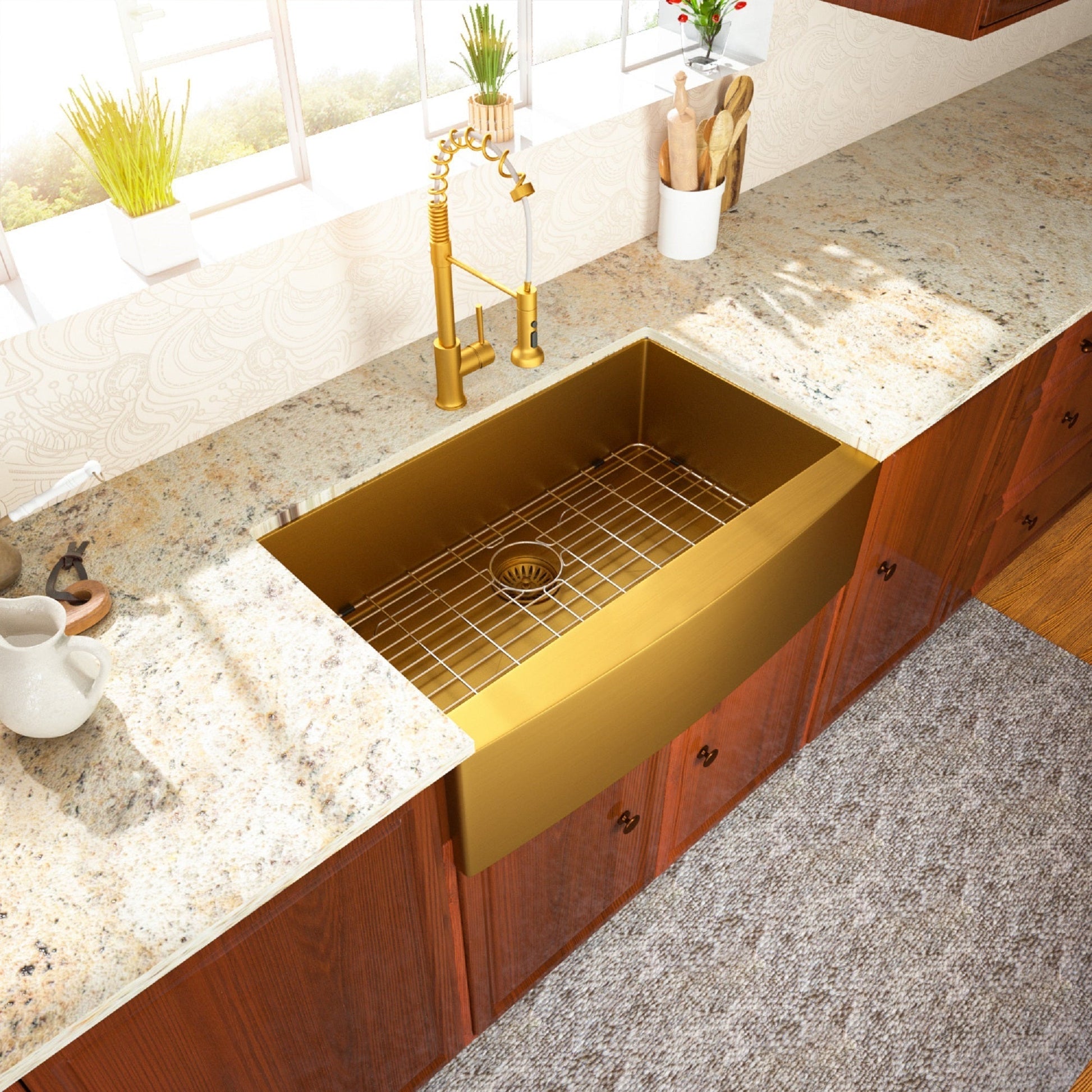 33in W x 21in D Farmhouse Kitchen Sink Gold Stainless Steel with Sink Grid and Drain Assembly Apron Front  from Lordear