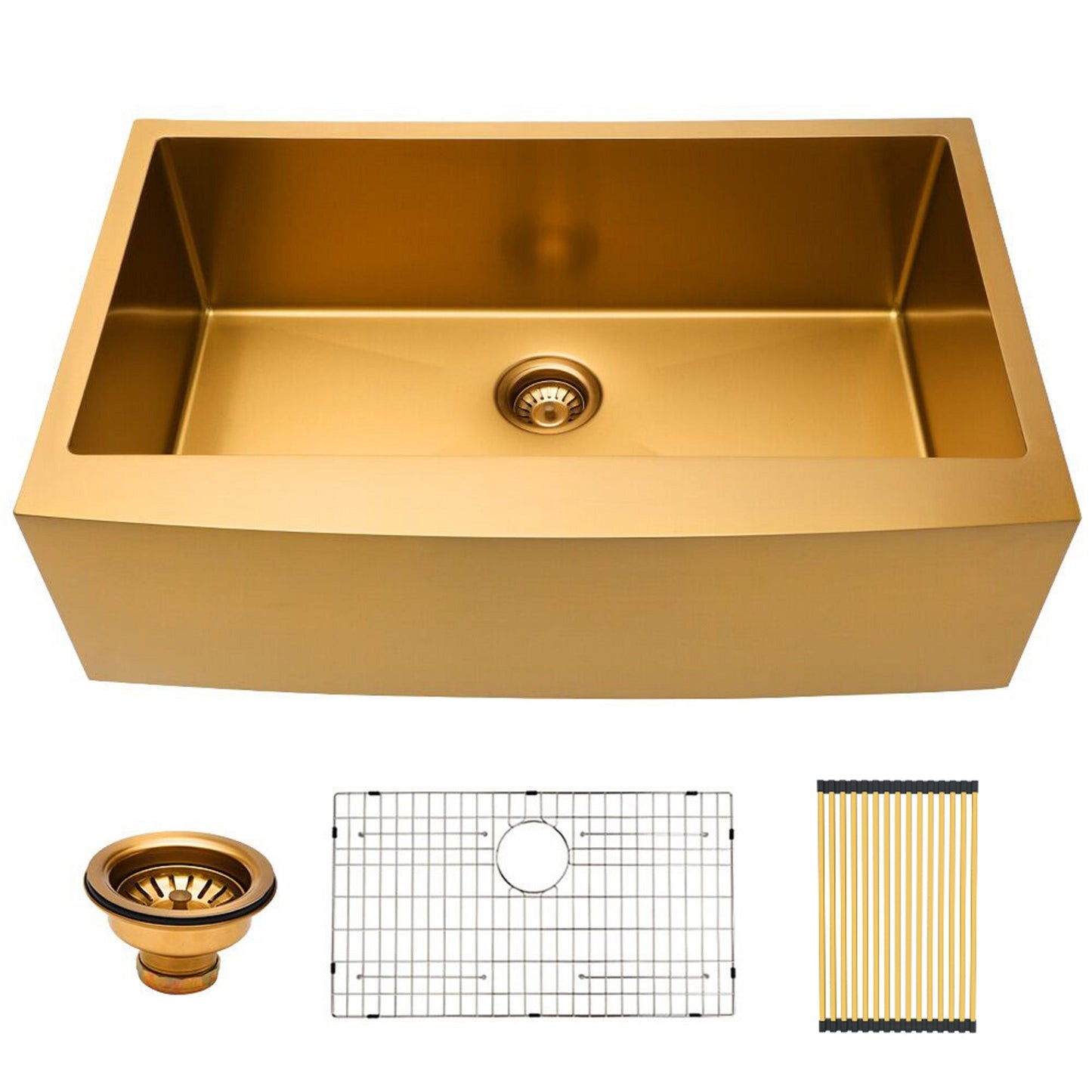 33in W x 21in D Farmhouse Kitchen Sink Gold Stainless Steel with Sink Grid and Drain Assembly Apron Front  from Lordear