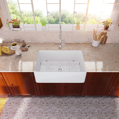 33in W x 20in D Farmhouse Kitchen Sink Ceramic with Sink Grid and Drain Assembly Apron Front  from Lordear