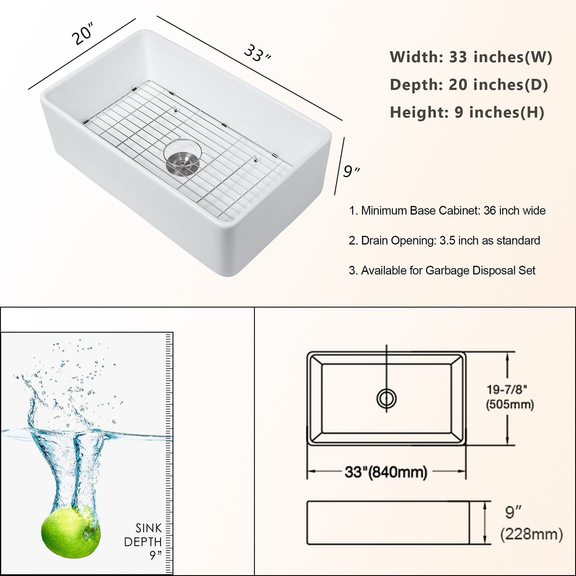 33in W x 20in D Farmhouse Kitchen Sink Ceramic with Sink Grid and Drain Assembly Apron Front  from Lordear