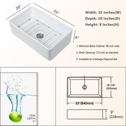 33in W x 20in D Farmhouse Kitchen Sink Ceramic with Sink Grid and Drain Assembly Apron Front  from Lordear