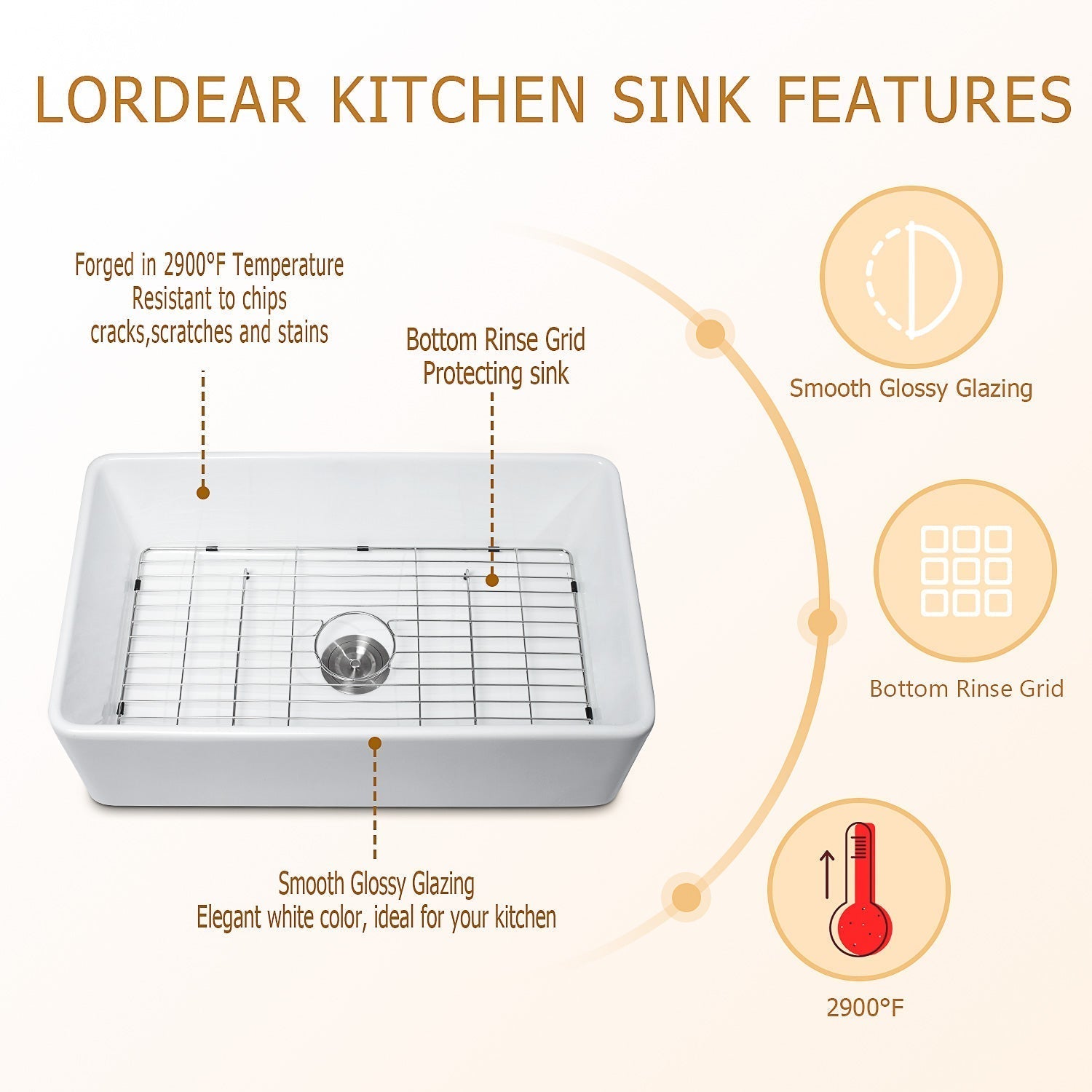 33in W x 20in D Farmhouse Kitchen Sink Ceramic with Sink Grid and Drain Assembly Apron Front  from Lordear