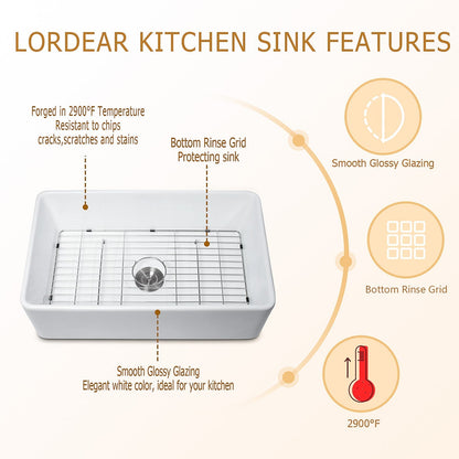 33in W x 20in D Farmhouse Kitchen Sink Ceramic with Sink Grid and Drain Assembly Apron Front  from Lordear