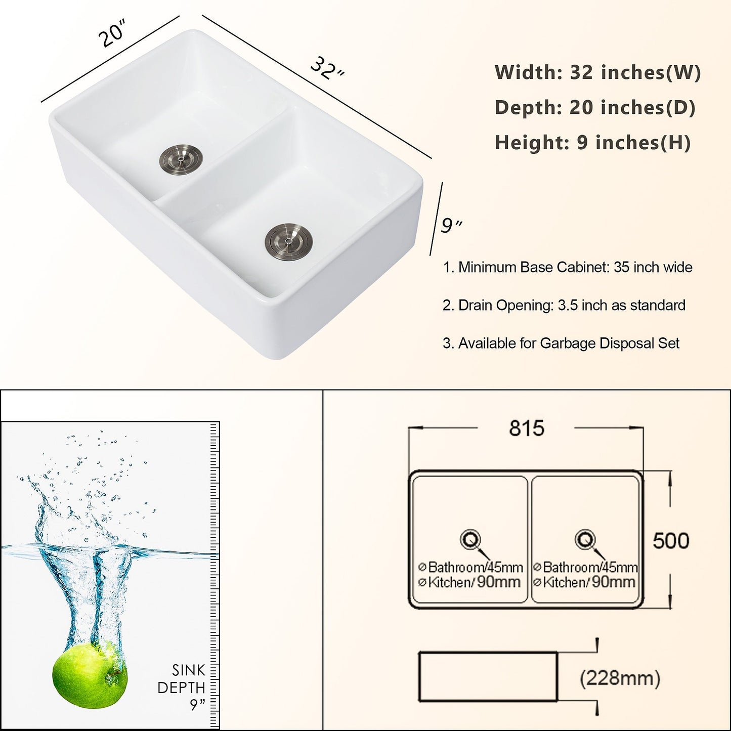 32in W x 20in D Farmhouse Kitchen Sink Ceramic Double Equal Bowl with Accessories Apron Front  from Lordear