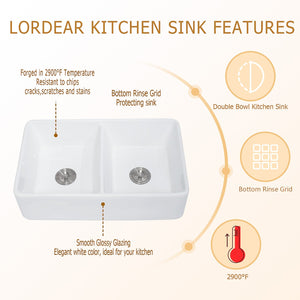 32'' W x 20'' D Farmhouse Kitchen Sink Ceramic Double Equal Bowl with Accessories Apron Front | Apron Front / Farmhouse Sinks, Apron Front Sink, Ceramic SInk, Double Bowl Sink, Double Equal Bowl, Farm Sink, Farmhouse Kitchen Sink, Kitchen, Kitchen Sinks, Sink, Sink and Drainer | Lordear