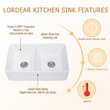 32in W x 20in D Farmhouse Kitchen Sink Ceramic Double Equal Bowl with Accessories Apron Front from Lordear