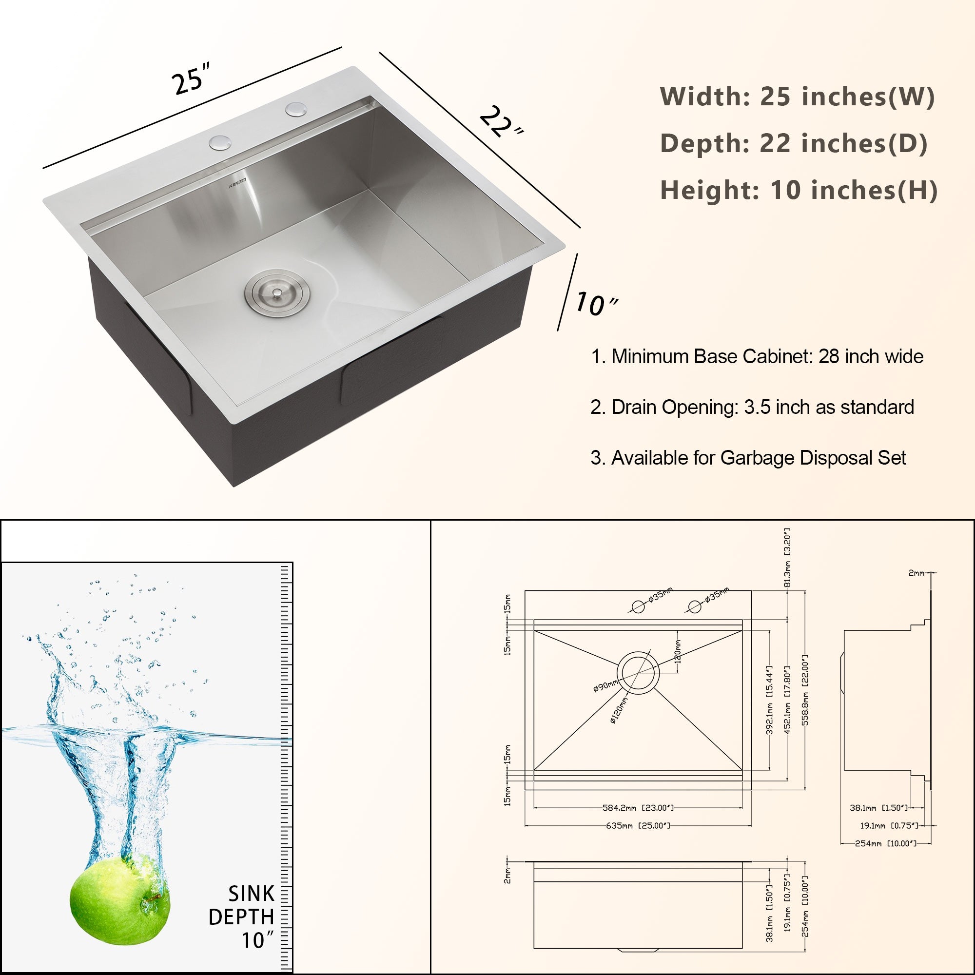 Lordear 25'' Stainless Steel Single Bowl Topmount Workstation Kitchen Sink  from Lordear