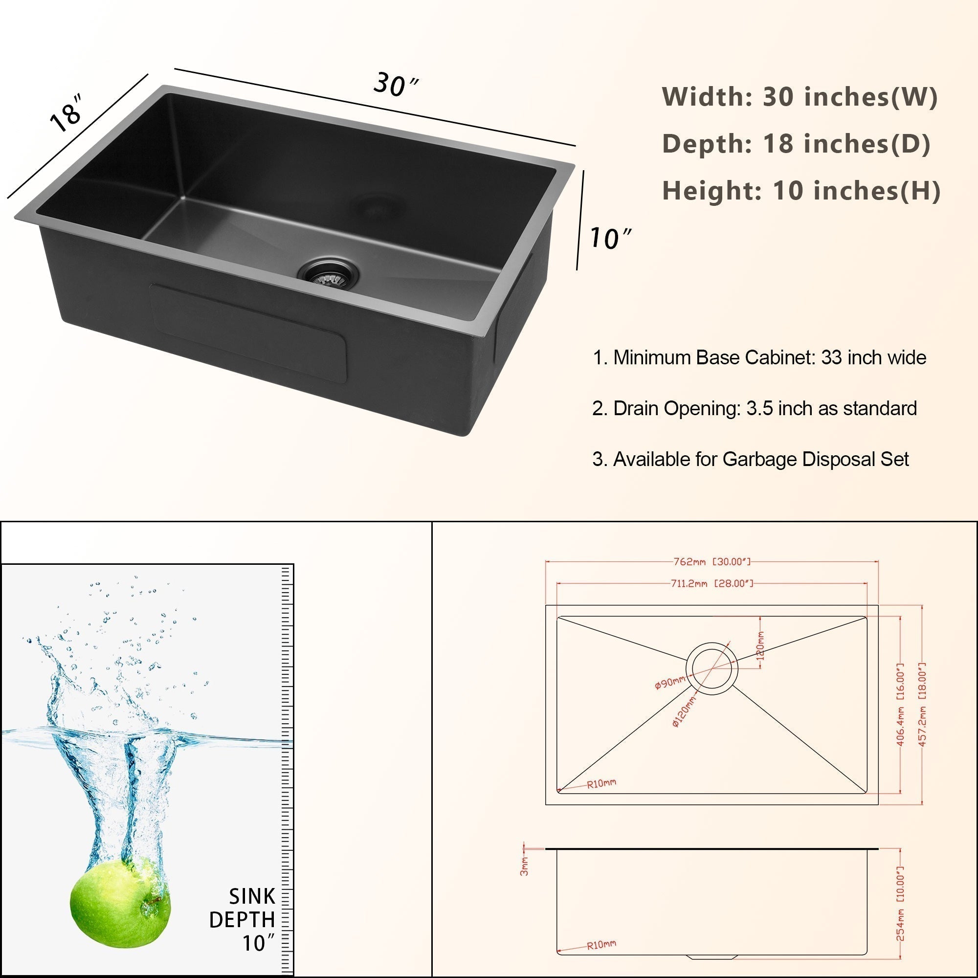 Lordear 30'' x 18'' Stainless Steel Gunmetal Balck Undermount Kitchen Sink  from Lordear