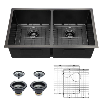 33in W x 19in D Stainless Steel Kitchen Sink Double Bowl Gunmetal Black Undermount  from Lordear