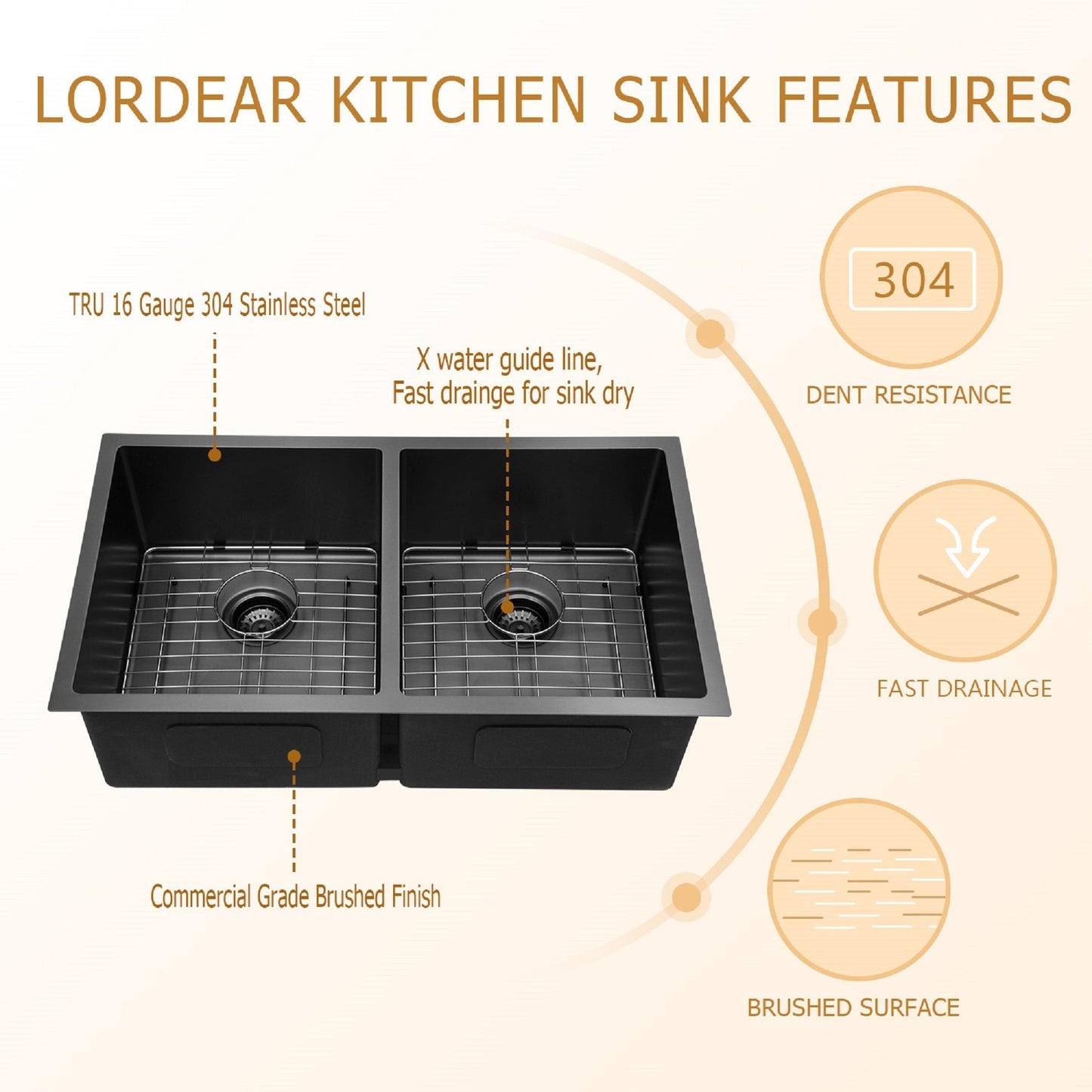 33in W x 19in D Stainless Steel Kitchen Sink Double Bowl Gunmetal Black Undermount  from Lordear