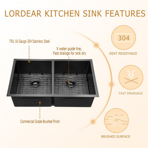33in W x 19in D Stainless Steel Kitchen Sink Double Bowl Gunmetal Black Undermount from Lordear