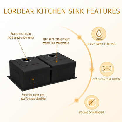 33in W x 19in D Stainless Steel Kitchen Sink Double Bowl Gunmetal Black Undermount  from Lordear