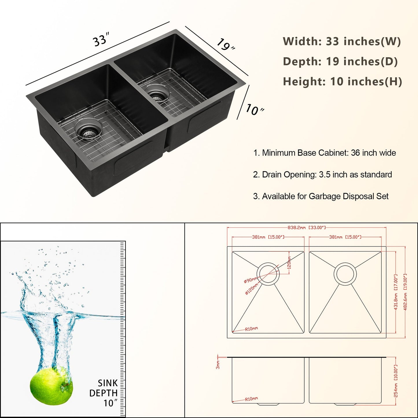 33in W x 19in D Stainless Steel Kitchen Sink Double Bowl Gunmetal Black Undermount  from Lordear