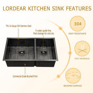 33in W x 19in D Stainless Steel Kitchen Sink Double Bowl Gunmetal Black Undermount from Lordear